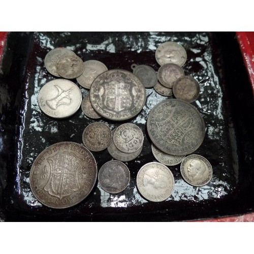 21 - HAND PAINTED BOX WITH CONTENTS OF COINS (SILVER - HALF CROWN, THREE PENCES, PENNYS ETC