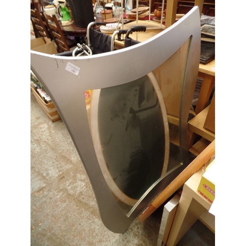 408 - 3 X WALL MIRRORS. A LARGE SILVER GREY WITH CURVED FRAME, A LARGE OVAL PINE, AND A PINE & CHROME FRAM... 