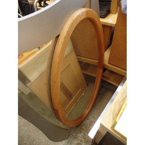 408 - 3 X WALL MIRRORS. A LARGE SILVER GREY WITH CURVED FRAME, A LARGE OVAL PINE, AND A PINE & CHROME FRAM... 