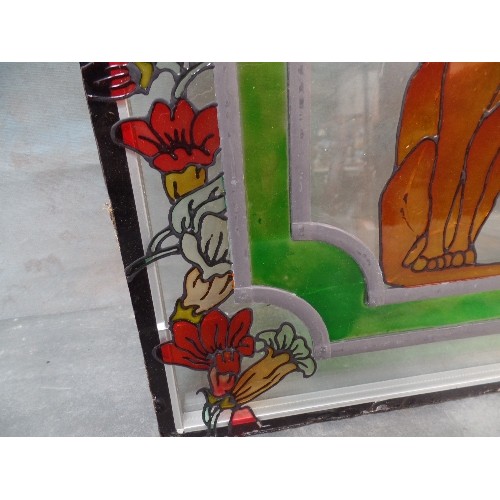 94 - A HAND ENAMELLED/ LEADED/ STAINED GLASS PANEL, ART NOUVEAU STYLE. CRACK ACROSS BASE OBSCURED BY DESI... 