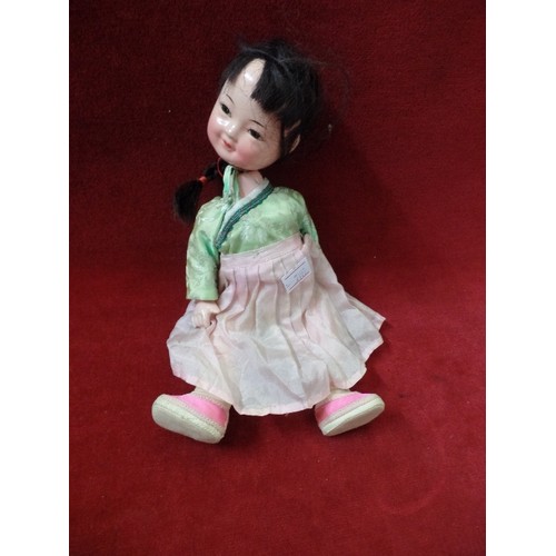 67 - SMALL VINTAGE ORIENTAL DOLL, IN TRADITIONAL DRESS. LIMBS & HEAD ARE LOOSE.