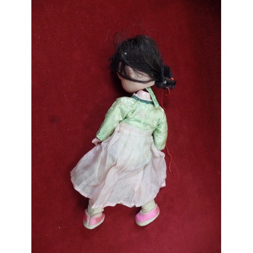 67 - SMALL VINTAGE ORIENTAL DOLL, IN TRADITIONAL DRESS. LIMBS & HEAD ARE LOOSE.