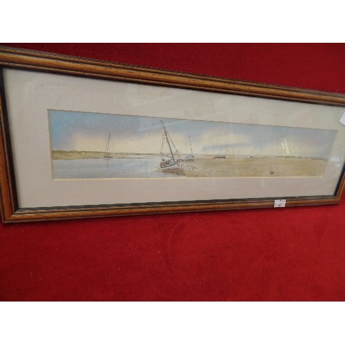 69 - BLAKENEY BEACH. FRAMED/GLAZED LIMITED EDITION WATERCOLOUR PRINT BY PETER BASHAM. 29 OUT OF 250.