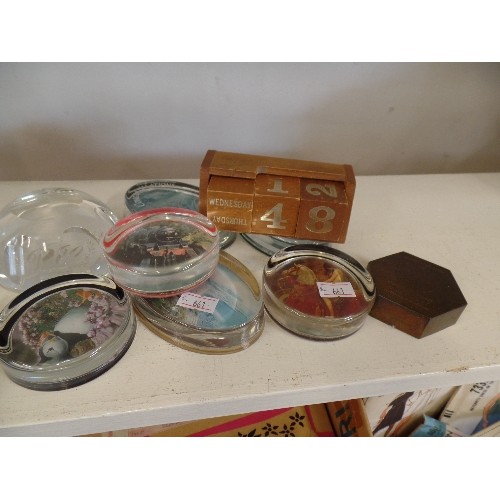 78 - COLLECTION OF 12 X PAPERWEIGHTS. ALSO A SMALL WOODEN CALENDAR CUBE.