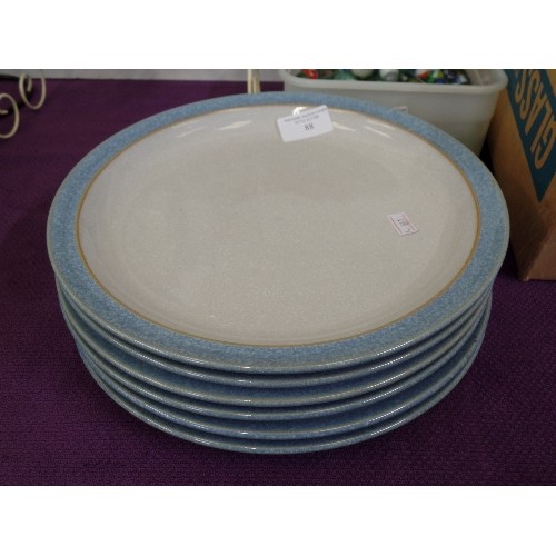 88 - 6 X DENBY DINNER PLATES. DISHWASHER, OVEN, AND FREEZER SAFE. PALE MOTTLED GREY WITH BLUE EDGE .