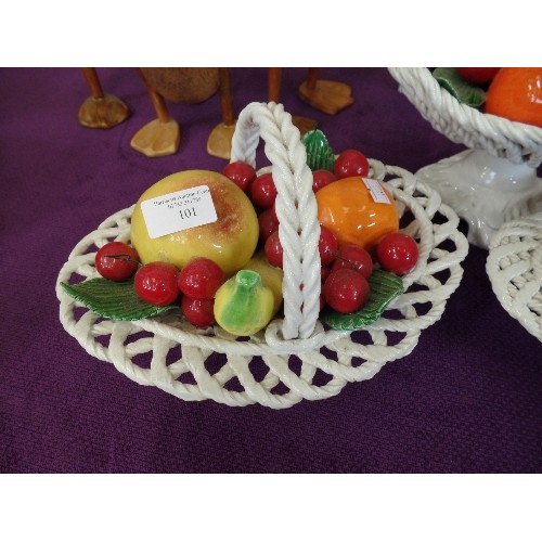 101 - 3 X VINTAGE ITALIAN DECORATIVE CERAMIC FRUIT IN BASKETS.