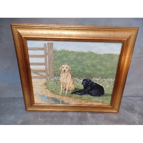 147 - OIL ON CANVAS OF A BLACK AND A GOLDEN LABRADOR NEAR A FIELD GATE, BY LEASINGHAM ARTIST JOHN C MOORE ... 