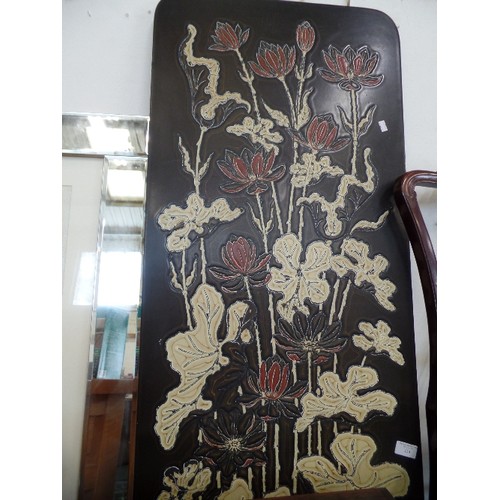 153 - RETRO COFFEE TABLE TOP/WALL ART. RAISED FLORAL DETAIL IN BROWN, RUST AND CREAM.