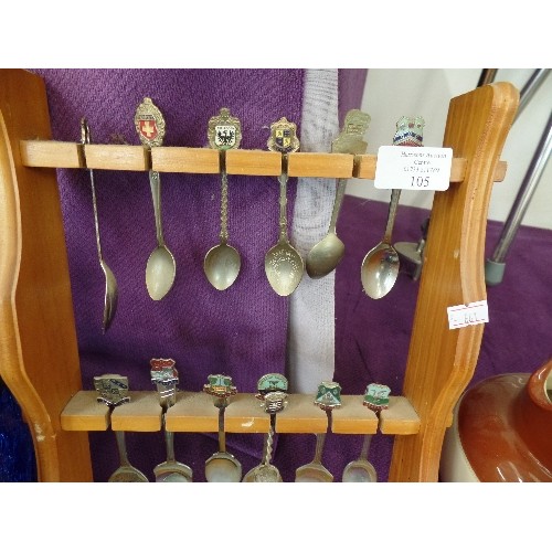 105 - SOUVENIR SPOON COLLECTION ON WOODEN DISPLAY STAND. INC THORNTON-LE-DALE[BANGERS & CASH] SHERINGHAM, ... 