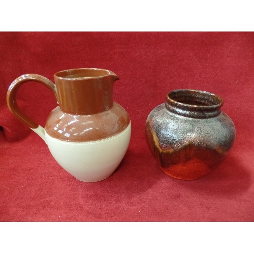 106 - VINTAGE STONEWARE. 1 BROWN & CREAM JUG, AND A PLANTER WITH VOLCANIC STYLE GLAZE.