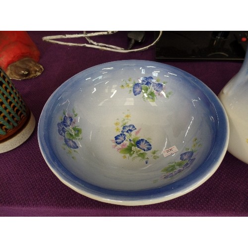 111 - JUG & BOWL SET, AND ANOTHER MATCHING JUG. BLUE FLORAL. REME COLLECTION.