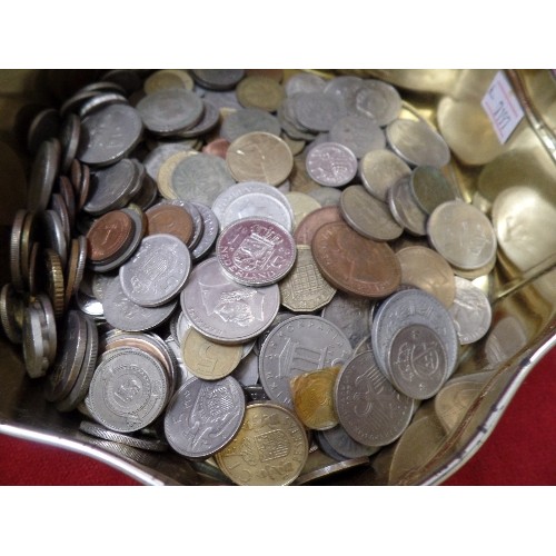 116 - TIN OF OLD BRITISH & FOREIGN COINS, THREEPENNY BITS, OLD PENNIES, FRANCS, PTAS, EMIRATES CURRENCY, E... 