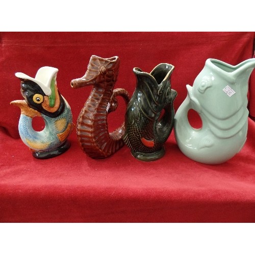 126 - COLLECTION OF 3 VINTAGE GLUGGLE-FISH JUGS. DARTMOUTH POTTERY, & ROYAL WINTON GRIMWADES. ALSO A P&K S... 