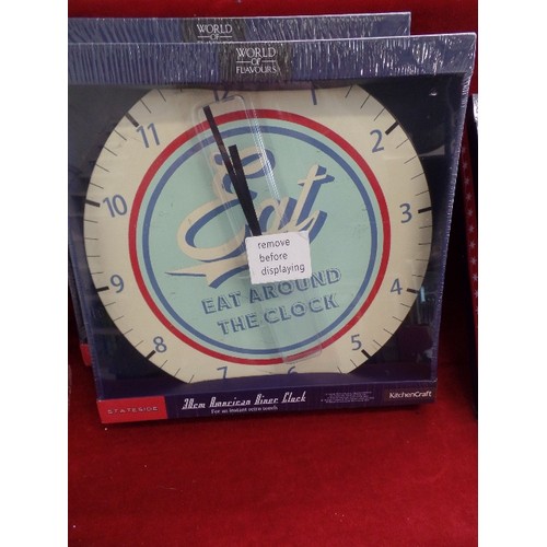 148 - 3 X NEW/BOXED AMERICAN DINER STYLE CLOCKS. 'EAT' BY KITCHENCRAFT.