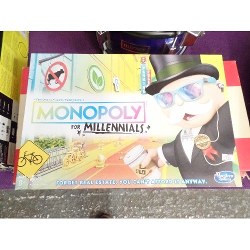 150 - 4 X MONOPOLY GAMES. INC 2 TRADITIONAL, MILLENIALS, AND JUNIOR.