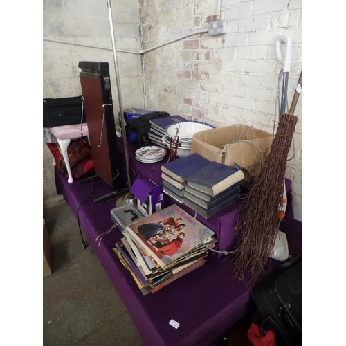 164 - LARGE JOB-LOT. INCLUDES TROUSER PRESS WHICH IS WORKING SUITCASE, OLD LARGE BOWLS, BOOKS, CUSHIONS, S... 