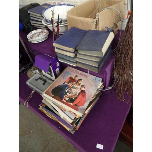 164 - LARGE JOB-LOT. INCLUDES TROUSER PRESS WHICH IS WORKING SUITCASE, OLD LARGE BOWLS, BOOKS, CUSHIONS, S... 