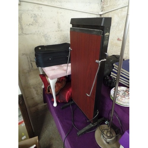 164 - LARGE JOB-LOT. INCLUDES TROUSER PRESS WHICH IS WORKING SUITCASE, OLD LARGE BOWLS, BOOKS, CUSHIONS, S... 