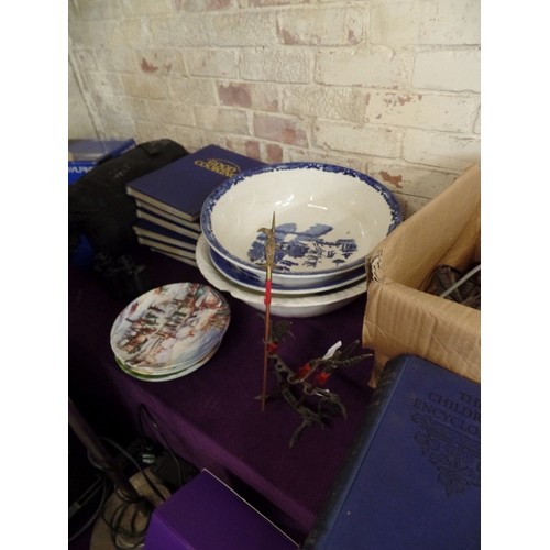 164 - LARGE JOB-LOT. INCLUDES TROUSER PRESS WHICH IS WORKING SUITCASE, OLD LARGE BOWLS, BOOKS, CUSHIONS, S... 