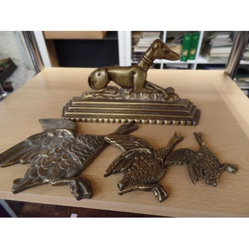 175 - VINTAGE BRASS, GREYHOUND, AND 3 FLYING DUCKS.