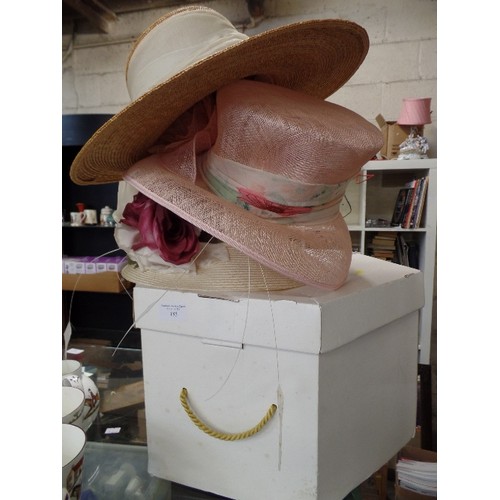 185 - 3 X WEDDING/ EVENT HATS WITH A HAT BOX. A CREAM STRAW WITH FAUX ROSES, FROM THE LONDON HAT HOUSE-KEN... 