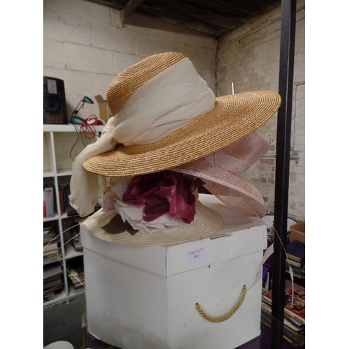 185 - 3 X WEDDING/ EVENT HATS WITH A HAT BOX. A CREAM STRAW WITH FAUX ROSES, FROM THE LONDON HAT HOUSE-KEN... 