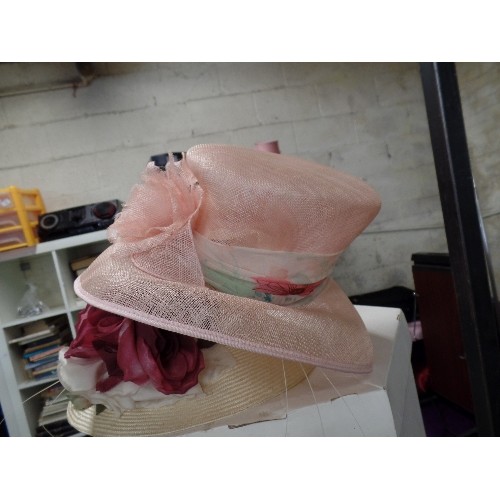 185 - 3 X WEDDING/ EVENT HATS WITH A HAT BOX. A CREAM STRAW WITH FAUX ROSES, FROM THE LONDON HAT HOUSE-KEN... 