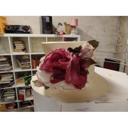 185 - 3 X WEDDING/ EVENT HATS WITH A HAT BOX. A CREAM STRAW WITH FAUX ROSES, FROM THE LONDON HAT HOUSE-KEN... 