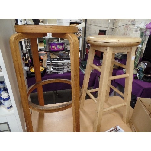 190 - 2 X CIRCULAR KITCHEN/BAR STOOLS. A BENTWOOD, AND A BEECH WITH SWIVEL SEAT.