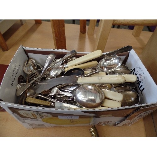 192 - BOX  CONTAINING LARGE QUANTITY OF MIXED VINTAGE SILVER-PLATED CUTLERY.