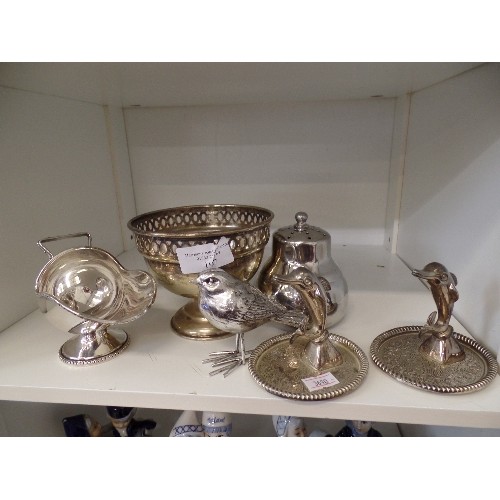 197 - 6 X SILVER-PLATED, & STAINLESS ITEMS. 2 X DOLPHIN RING TREE TRAYS, A SUGAR SCUTTLE, A SMALL BIRD, A ... 