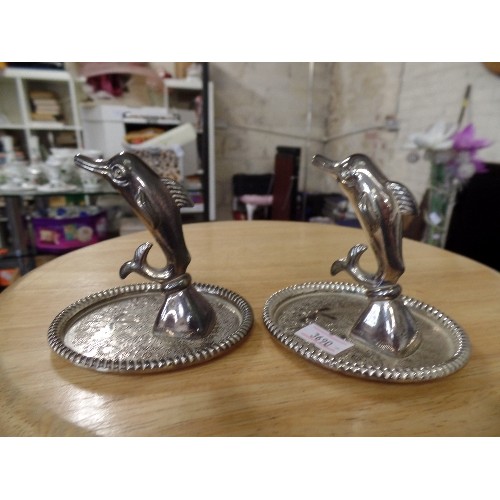 197 - 6 X SILVER-PLATED, & STAINLESS ITEMS. 2 X DOLPHIN RING TREE TRAYS, A SUGAR SCUTTLE, A SMALL BIRD, A ... 