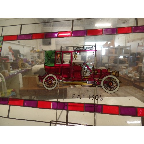 209 - HAND DECORATED GLASS PANEL. VINTAGE CAR IN STAINED GLASS.