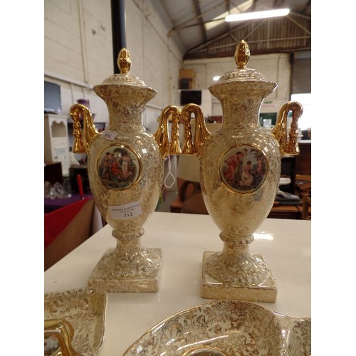 212 - EMPIRE-ENGLAND. VERY ORNATE GOLD AND CREAM. PAIR OF VASES, A CIRCULAR AND A SQUARE DISH. 4 PCS.