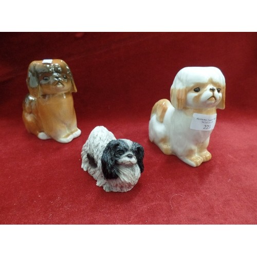 223 - 3  LITTLE PEKINESE DOGS, 2 ARE RUSSIAN POTTERY. 1 ITALIAN (ORIGINATED FROM  THE OWNER OF TRICKI WOO(... 