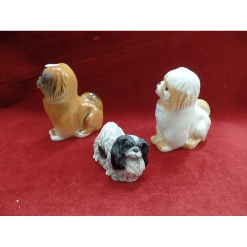 223 - 3  LITTLE PEKINESE DOGS, 2 ARE RUSSIAN POTTERY. 1 ITALIAN (ORIGINATED FROM  THE OWNER OF TRICKI WOO(... 