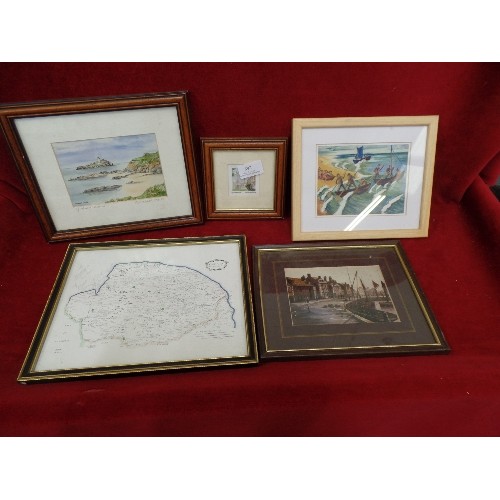 265 - 5 X SMALL FRAMED GLAZED PRINTS. INC ELY CATHEDRAL, BOATS-NIDDEN, OLD NORFOLK MAP.