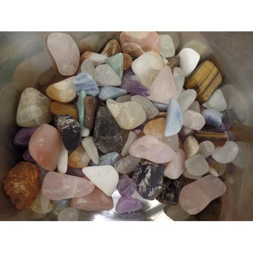 258 - DOG BOWL FULL OF GEMSTONES AND ROCKS.