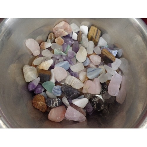 258 - DOG BOWL FULL OF GEMSTONES AND ROCKS.