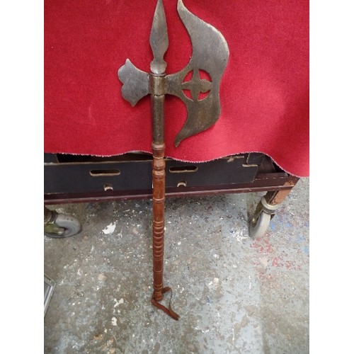 274 - DECORATIVE BRASS AXE. WOODEN HANDLE. HANGING STRAP.