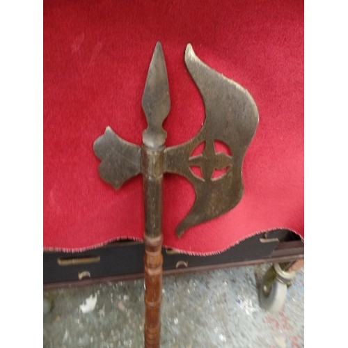 274 - DECORATIVE BRASS AXE. WOODEN HANDLE. HANGING STRAP.