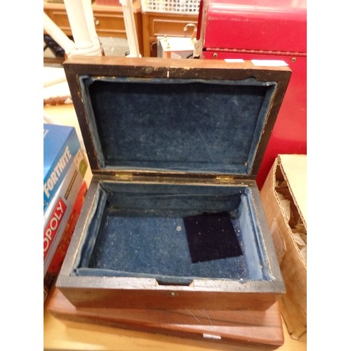 280 - VINTAGE WOODEN BOX WITH TEAL VELVET LINING. ALSO A MORE MODERN WOODEN BOX WITH 8 INNER COMPARTMENTS,... 