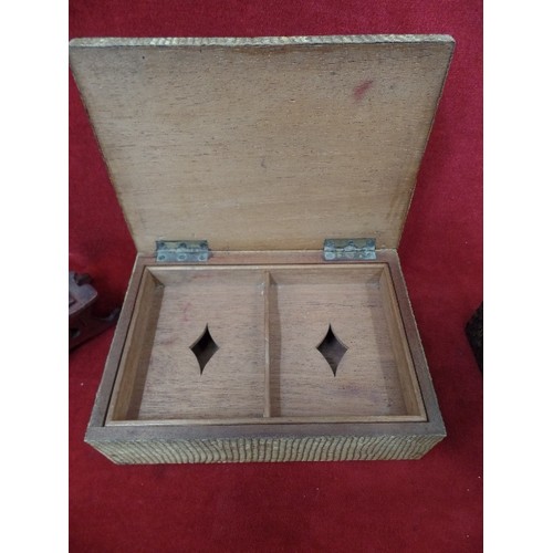 283 - 3 VINTAGE WOODEN BOXES. A SHAGREEN COVERED BOX WITH 2 INNER COMPARTMENTS, A CRAVED BOX, AND A TINY F... 