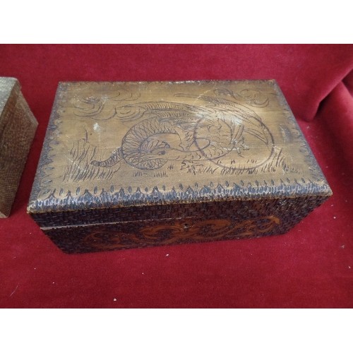 283 - 3 VINTAGE WOODEN BOXES. A SHAGREEN COVERED BOX WITH 2 INNER COMPARTMENTS, A CRAVED BOX, AND A TINY F... 