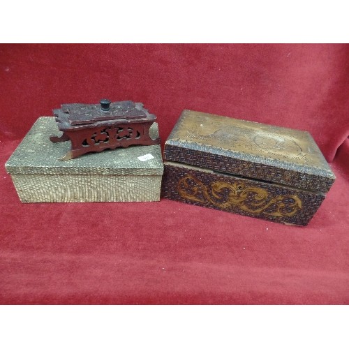 283 - 3 VINTAGE WOODEN BOXES. A SHAGREEN COVERED BOX WITH 2 INNER COMPARTMENTS, A CRAVED BOX, AND A TINY F... 