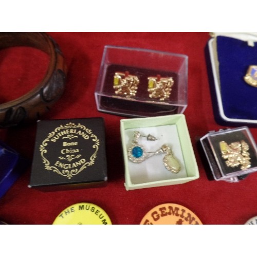 299 - COSTUME JEWELLERY, BANGLE, THIMBLES, CUFFLINKS, BADGES ETC.