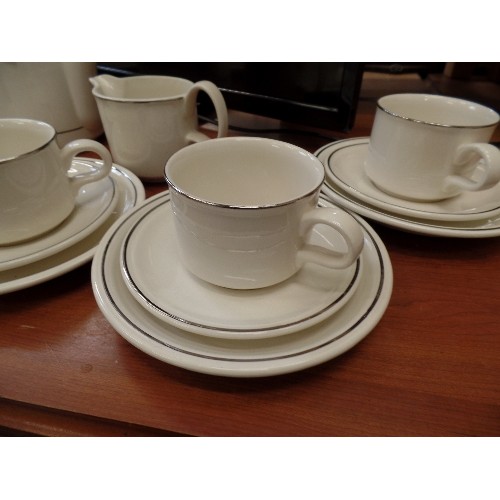 306 - BARRATTS OF STAFFORDSHIRE TEA SERVICE. SIMPLE IVORY AND SILVER. TEAPOT, SUGAR, MILK, AND 6 DUOS.