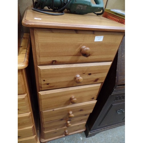 317 - NARROW 6 DRAWER PINE CHEST. 45CM W. 1 DRAWER FRONT NEEDS RE-FIXING.