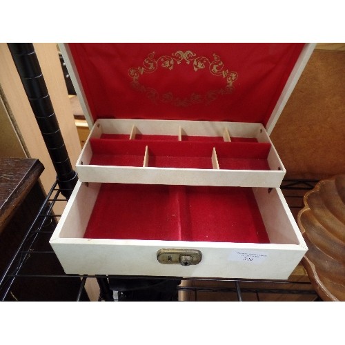 326 - RED-LINED JEWELLERY BOX IN CREAM.