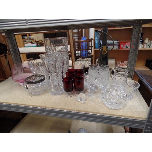 336 - GLASSWARE. HEAVY CUT-GLASS VASES, SHERRY GLASSES, GOBLETS, POSY BOWL ETC.